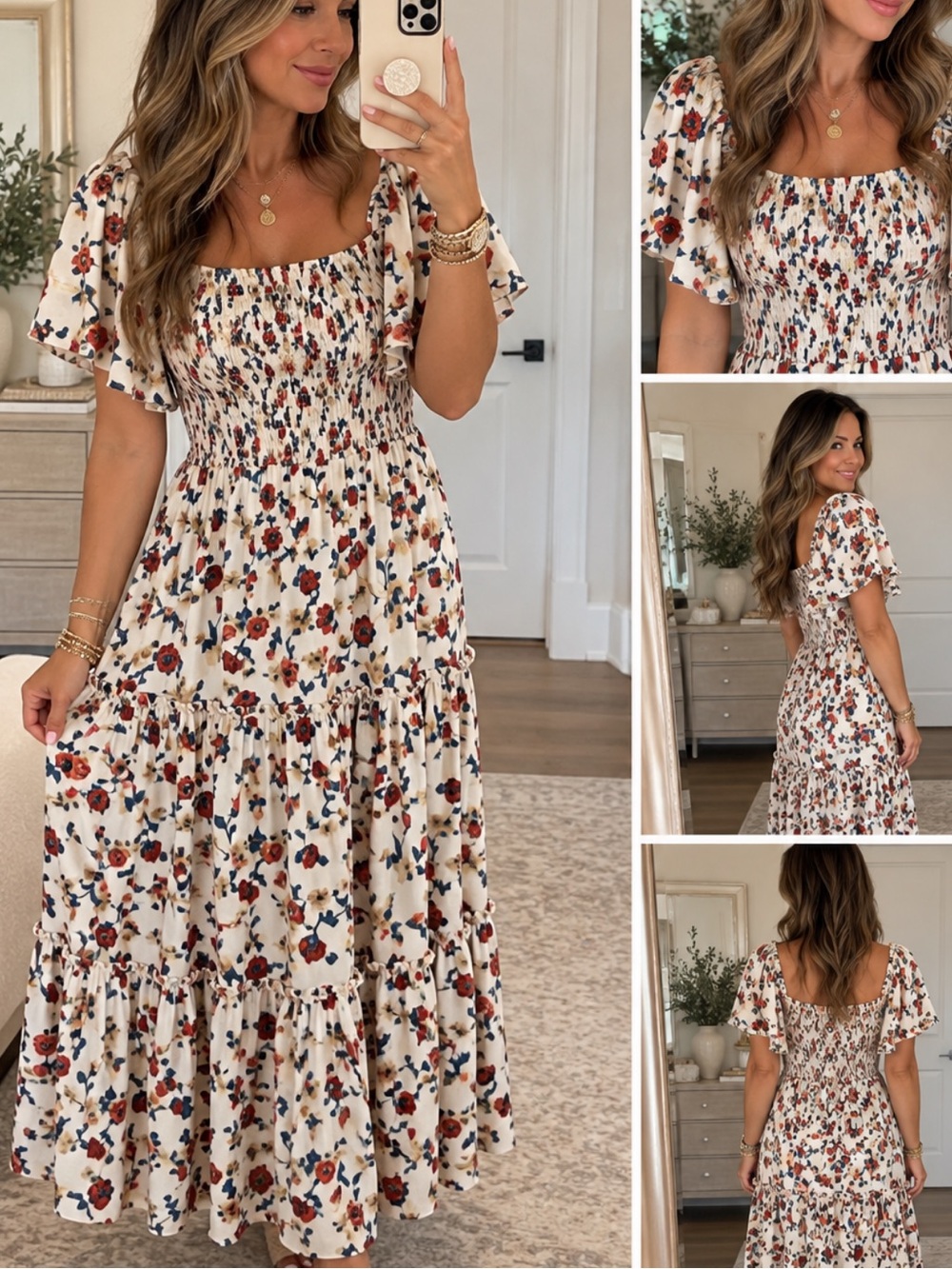 Ivy City Co Cream Maxi Dress with Red Floral Print matching mommy and me